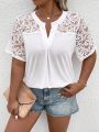Women'S Plus Size Vintage Patchwork Lace V-Neck Short Sleeve T-Shirt