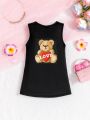 SHEIN Casual Baby Girls' Letter & Little Bear Printed Dress