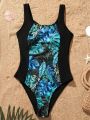 SHEIN Swim SPRTY Women'S Leaf Print Wide Strap One Piece Swimsuit