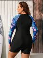 SHEIN Swim SPRTY Plus Size Long Sleeve One Piece Swimsuit With Tropical Print