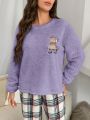 Women's Cartoon Bear Embroidered Plush Pajama Top