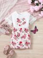 SHEIN Kids QTFun Little Girls' Floral & Heart Pattern Mesh Panel T-Shirt And Skirt Set