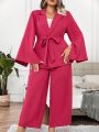 SHEIN Privé Plus Split Sleeve Belted Blazer & Wide Leg Pants