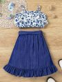 SHEIN Kids CHARMNG Little Girls' Sweet & Casual Floral Printed Lace Detail Cami Top And Wrap Skirt With Belt 3-Piece Outfit For Vacation