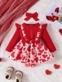 Baby Girls' Heart Print Knit Ribbed Two-In-One Romper With Bow Decoration + Headband