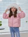 SHEIN Kids EVRYDAY Little Girls' Hooded Collar Cozy Coat With Thick Loose Fit Design, Woven Contrast Coated Fabrics