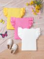 SHEIN Kids FANZEY Toddler Girls' Comfortable Knit Double-Layered Ruffle Sleeve Round Neck T-Shirt 3pcs/Set