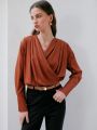 Anewsta Pleated Wrap Front Long Sleeve Top