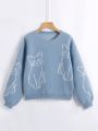 SHEIN Qutie Cat Pattern Drop Shoulder Sweater