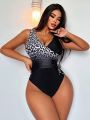 SHEIN Swim Chicsea Gradient Leopard Print Wrap & Tie Design One Piece Swimsuit