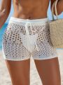 1pc Drawstring Waist Knitted Cover Up Shorts With Hollow Out Detail