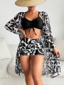 SHEIN Swim Vcay Women's Black & White Leaf Pattern Swimwear Set