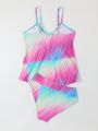 Teenage Girls' Tie-Dye Split Swimsuit, Fashionable Vest Design