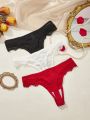 Valentine's Day Solid Color Lace Thong Panties 3pcs/Set