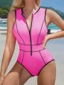 SHEIN Swim SPRTY One Piece Swimsuit With Contrast Color Trim, Front Zipper And Rolled Hem