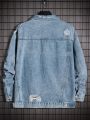 SHEIN Men Ripped Frayed Flap Pocket Denim Jacket Without Sweater