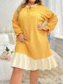 Plus Size Women's Color Contrast Home Dress With Ruffled Hemline