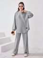 SHEIN Teenagers' Knitted Solid Color Hoodie With Woven Label And Long Pants, Casual 2pcs/set