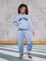 SHEIN Kids Cooltwn Tween Girls' Street Style Knitted Loose Hoodie And Sweatpants Set With Letter Print