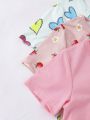 SHEIN Kids EVRYDAY Young Girl's Heart, Strawberry, Flower And Letter Printed T-Shirt