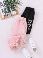 SHEIN Kids EVRYDAY Teen Girls' Knitted Pure Color Loose-Fit Jogger Pants With Heart-Shaped Pattern And Fleece Lining, 2pcs/Set