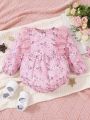 Baby Girls' Cute Floral Print Long Sleeve Romper Jumpsuit, Children's Fashionable Lace Princess Dress