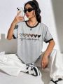 Heart & Slogan Graphic Contrast Binding Tee