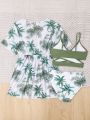 Girls' (Big) Swimsuit Coconut Tree Print Cross Bikini Swimwear With Matching Cover-Up Dress And Kimono, Summer