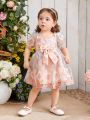 Baby Girls' Embroidered Floral Mesh Dress With Bow Decoration, Elegant & Romantic Party Dress For Festival