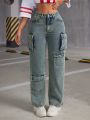 SHEIN ICON Multiple Pockets Straight Leg Workwear Jeans With Washed Effect