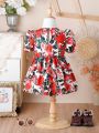 Baby Girls' Rose Print Puff Sleeve Dress With Bow Decor