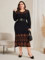 SHEIN Modely Plus Size Geometric Pattern Round Neck Sweater Dress Without Belt