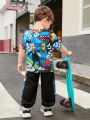 SHEIN Little Boys' Cute And Comfortable Cartoon Printed Short Sleeve T-Shirt With Side Paneled, Contrasting Color Knit Pants Outfit