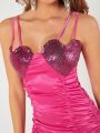 PRIVATE Heart Sequin Bust Ruched Satin Dress