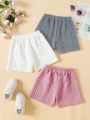 SHEIN Kids CHARMNG Toddler Girls' Casual Cute White Letter & Colorful Knit Texture Shorts 3pcs/set