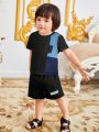 SHEIN Baby Boys' Casual Comfortable Color Block Round Neck Short Sleeve Top