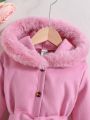 SHEIN Kids FANZEY Young Girl Fuzzy Trim Hooded Belted Overcoat
