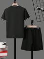 SHEIN Tween Boys' Letter Printed Striped Short Sleeve Shirt And Shorts 2pcs/Set