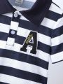 SHEIN Kids SPRTY Toddler Boys' Sporty Striped Collared Short Sleeve Polo Shirt With Letter Embroidery For Summer