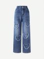 Girls' Love Heart Applique Embroidered Denim Straight Leg Jeans