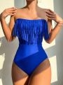 SHEIN Swim Basics Solid Color One-piece Swimsuit Decorated With Tassel