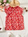 SHEIN Kids SUNSHNE Tween Girls' Elegant Heart Pattern Printed Valentine's Day Short Flare Sleeve Blouse