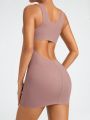 SHEIN SHAPE Ladies Solid Color Round Neck Pom Pom Trim Shapewear Dress