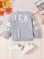 SHEIN Kids EVRYDAY Little Girls' Long Sleeve Grey Pullover With Girl Printed Wide Sleeves & Crew Neck For Spring & Autumn