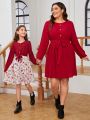 SHEIN Tween Girls' Woven Round Neck Patchwork Floral Dress, Mommy And Me Matching Outfits (2 Pieces Are Sold Separately)