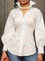 Plus Size Lantern Sleeve Solid Color Shirt