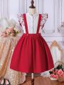 SHEIN Kids EVRYDAY 2pcs/Set Tween Girls' Stand Collar Shirt & Lace Patchwork Suspender Skirt