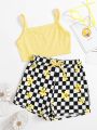 SHEIN Kids HYPEME Toddler Girls Crop Cami Top & Floral and Checkered Shorts Set