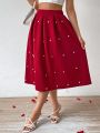 SHEIN Privé Wine Red Pearl Decor A-Line Skirt For Women