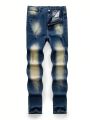 SHEIN Teen Boys' Casual Retro Skinny Fit Distressed Washed Denim Jeans, Suitable For Spring, Summer, Autumn